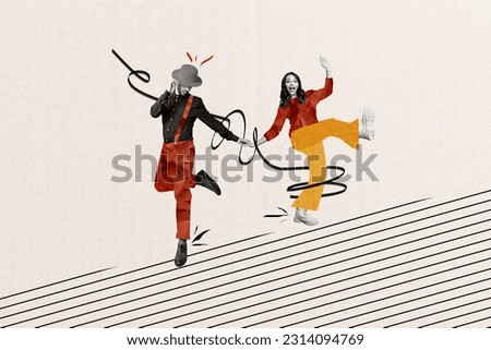 Picture image sketch minimal collage of cheerful positive people hold hands dancing night club isolated on white color painted background
