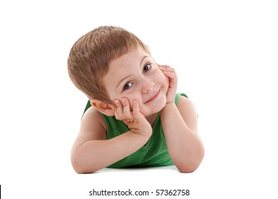 Picture Of A Kid Laying Down And Holding His Head In His Palms, Over White