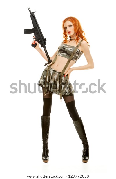 Picture Lovely Redheaded Girl Submachine Gun Stock Photo 129772058 ...