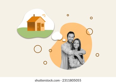 Picture magazine sketch collage image of dreamy lady guy thinking buying new house isolated creative background - Shutterstock ID 2311805055