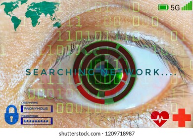 A picture of a man try to hack computer system on health industry using eye technology with 5G internet connection.
