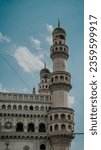 Picture of the minaret of Charminar, Hyderbad.The Charminar is a significant architectural masterpiece, representing a fusion of Indo-Islamic, Persian, and Indian architectural styles.