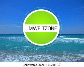 Picture Montage Sea, Waves Near The Beach And Green Environmental Badge With The Inscription 