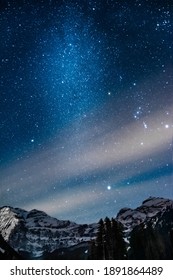 Picture Of The Night Sky, Snowy Mountains In The Background