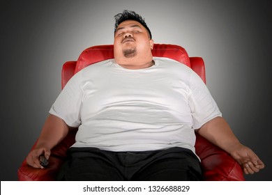 Picture Of Obese Man Sleeping On The Armchair While Watching TV In The Dark Room