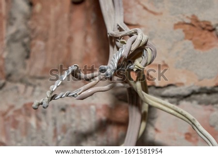 Picture of old electrical aluminum wires connected by twisting, hanging from wall.