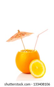 Picture Of An Orange-goblet With Umbrella Isolated On White Background. Studio Shot