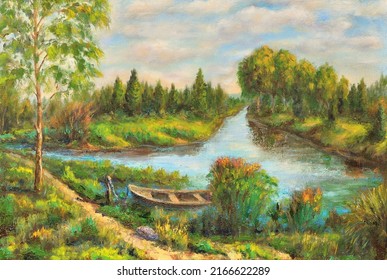 The picture is painted in oil. Nature landscape. Colorful picture with river and boat.