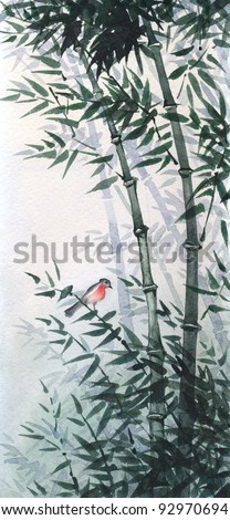 The picture painted in the traditional Japanese style. The little bird sat on a flexible stalk of bamboo in the wind in the bamboo grove