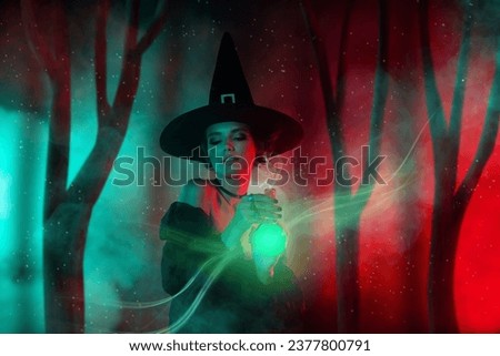 Picture painting collage of devil dark witch lady spell hold poisonous bottle in haunting nightmare hell woods