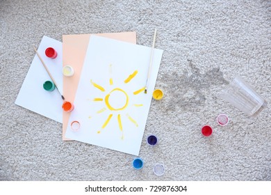 Picture, Paints And Spilled Water On Carpet