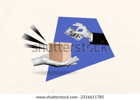 Picture photo image sketch of client buy goods pay purchases give hundred dollars receive carton box isolated on white color background