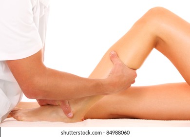 A picture of a physio therapist trying to fix the leg over white background - Powered by Shutterstock