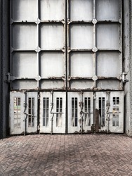 Picture Of A Piece Of An Old Mine Building, Mine Lift. These Are The Doors Of The Mine Lift