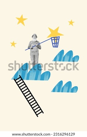 Picture poster collage 3d image painted artwork of positive carefree pensioner walking sky clouds catching stars customer feedback