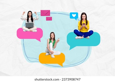 Picture poster collage of happy girls friends popular bloggers chatting social media messengers isolated on drawing background