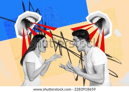 Picture poster creative pop collage image of angry aggressive people shouting solving trouble isolated on painted background
