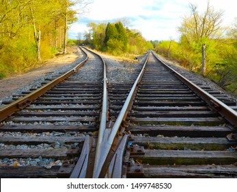 Picture of railroad tracks splitting in southwest Virginia during the spring.