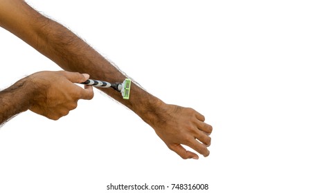 Picture Of A Razor Blade Shaving Brown Arm Hair Isolated On White Background.