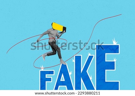 Picture of run man hold netbook read news control mind fake news misleading internet scam virtual manipulation isolated on cyan background
