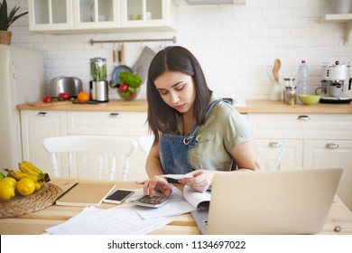 Picture Of Serious Concentrated Young Brunette Housewife Paying Bills For Rent, Gas And Electricity, Feeling Frustrated, Trying Hard To Make Ends Meet. Finance, Debts, Financial Crisis And Home Budget