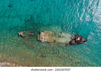A picture of a shipwreck on the island of Crete,Greece from above - Shutterstock ID 2241507037