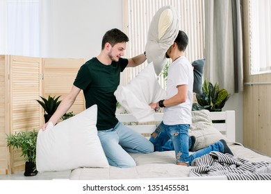 Picture Showing Happy Gay Couple Having Pillow Fight