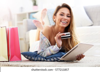 Picture Showing Pretty Woman Shopping Online With Credit Card