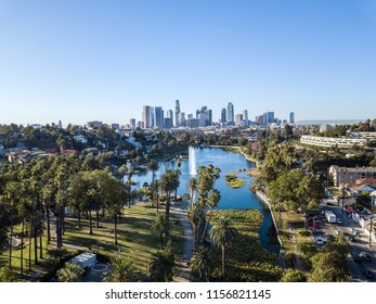 Picture Shows A Drone View On Echo Park And The LA Skyline