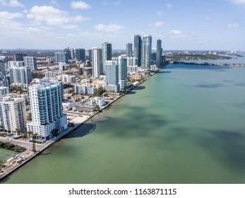 Picture shows a drone view on the Miami Skyline