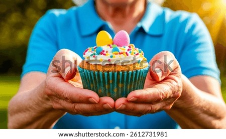 The picture shows hands holding an Easter cupcake. Happy Easter, holiday.
