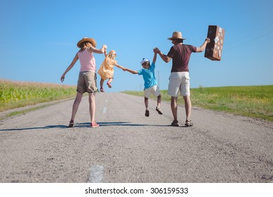 Picture Silhouette Of Family Joyful Walking On The Countryside Rural Road On Sunny Blue Sky Outdoors Background