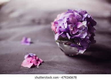 Picture in soft tones of delicate violet hydrangea flwoers standing on the grey table