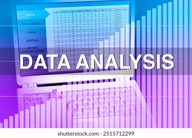 Picture of someone is analyzing data using laptop computer with data analysis word banner for data analysis backdrop.