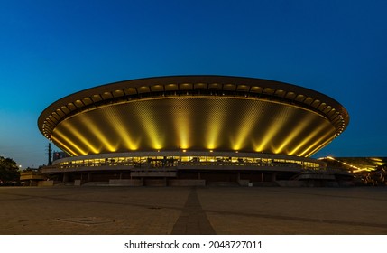 A picture of the Spodek venue, in Katowice, at night.