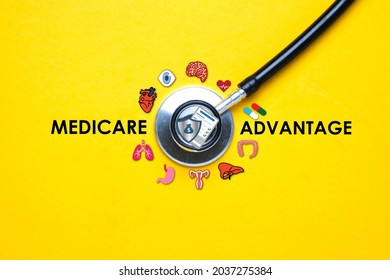 A picture of stethoscope with human organ illustration and Medicare Advantage word. Medicare Advantage plans try to prevent the misuse or overuse of health care through various means. - Shutterstock ID 2037275384