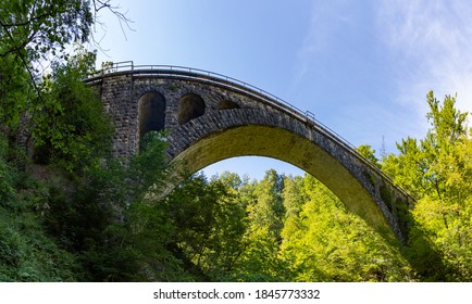 A picture of the stone train bridge that can be seen from the Vintgar Gorge visitor's path. - Shutterstock ID 1845773332