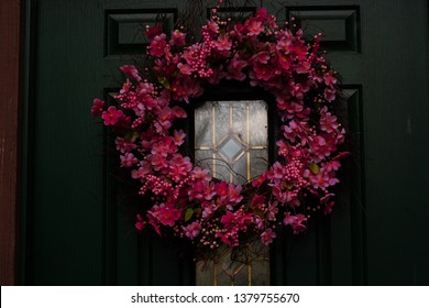 Picture Of A Summer Front Door Wreath On A Green Front Door