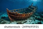 A picture of a sunken ship at the bottom of the ocean. Vivid colors."
