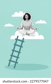 Picture surreal magazine collage of peaceful young lady meditate reach high level calmness special breathing yoga exercise - Shutterstock ID 2279577047