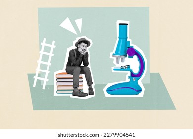 Picture template collage of upset gentleman guy sitting book learning discovering microscope science project