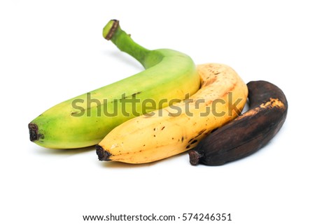 A picture of three ordinary bananas, without modifications..as you know from the shop. The picture shows the maturing of the bananas. One is green, one is yellow and one is overripe. 