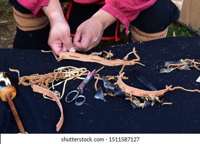 Picture Of Traditional Indian Work On Leather During A North American Festival To Celebrate Native Americans. 