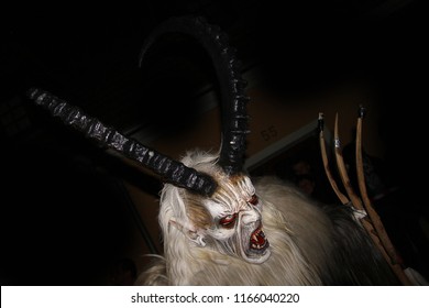 A Picture Of A Traditional Krampus From Austria. The Horned Demon Or Devil Mask. 