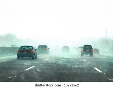 Picture Of Traffic On The Freeway During A Snow Storm