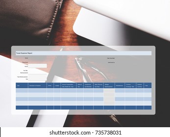 The Picture Of Travel Expense Form On Workspace Background. Financial Management Concept