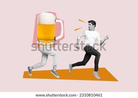Picture unusual template collage of scared man run fast away from beer mug chase stop alcoholic addiction concept
