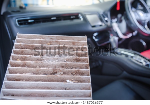 Picture of the waste of the air filter, which the
rat bite the car air filter. Customer - The car mechanic in the
service center is checking the white car air filter that is very
dirty.