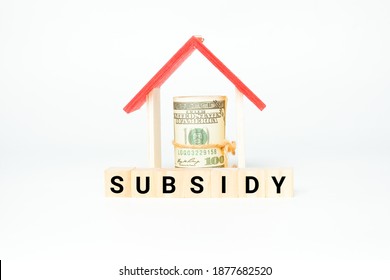 A picture of wooden block with subsidy word, house miniature and fake money insight. Property subsidy is one of the method to boost real estate  purchase during covid-19 pandemic.