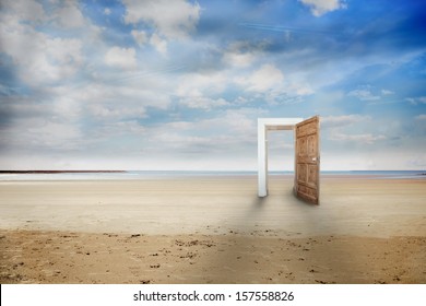 Picture of wooden open door on beach - Shutterstock ID 157558826